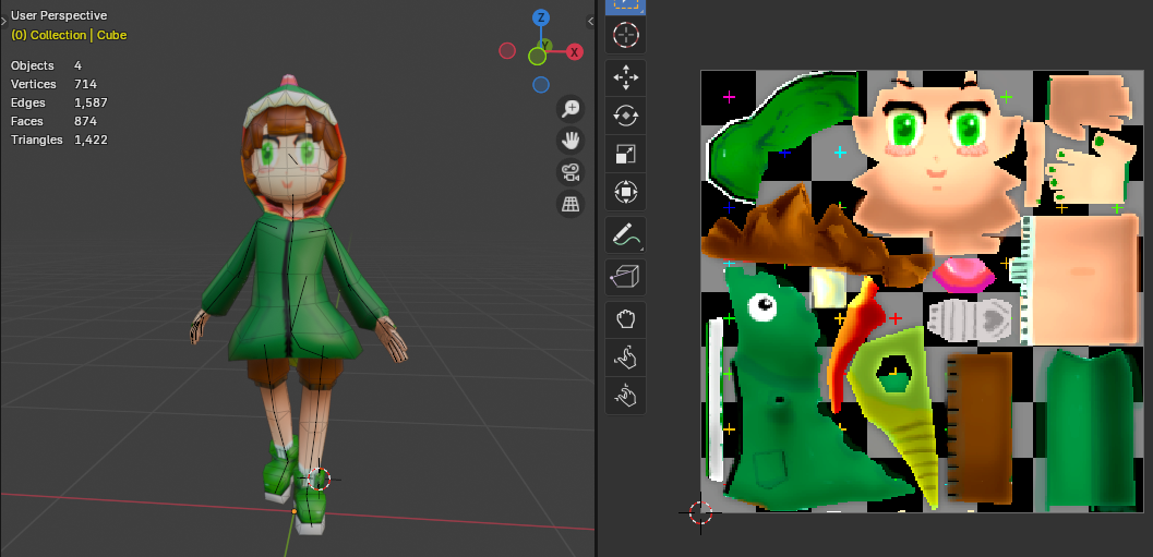 Display of the model of our dino girl alongside their uv map texture inside Blender