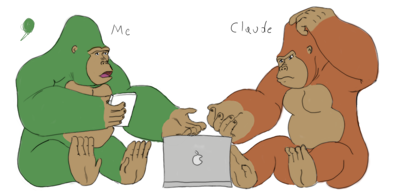 The drawing of two gorilas, one green representing myself, and one brow representing Claude, both in front of a computer.
